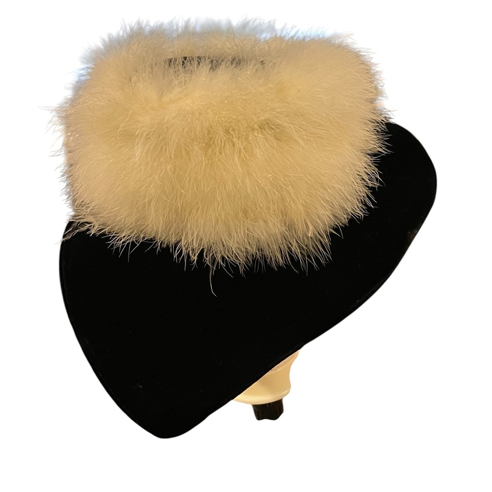 Vintage EUC hand made Arcade Hat in black velvet and Fox trim Hat